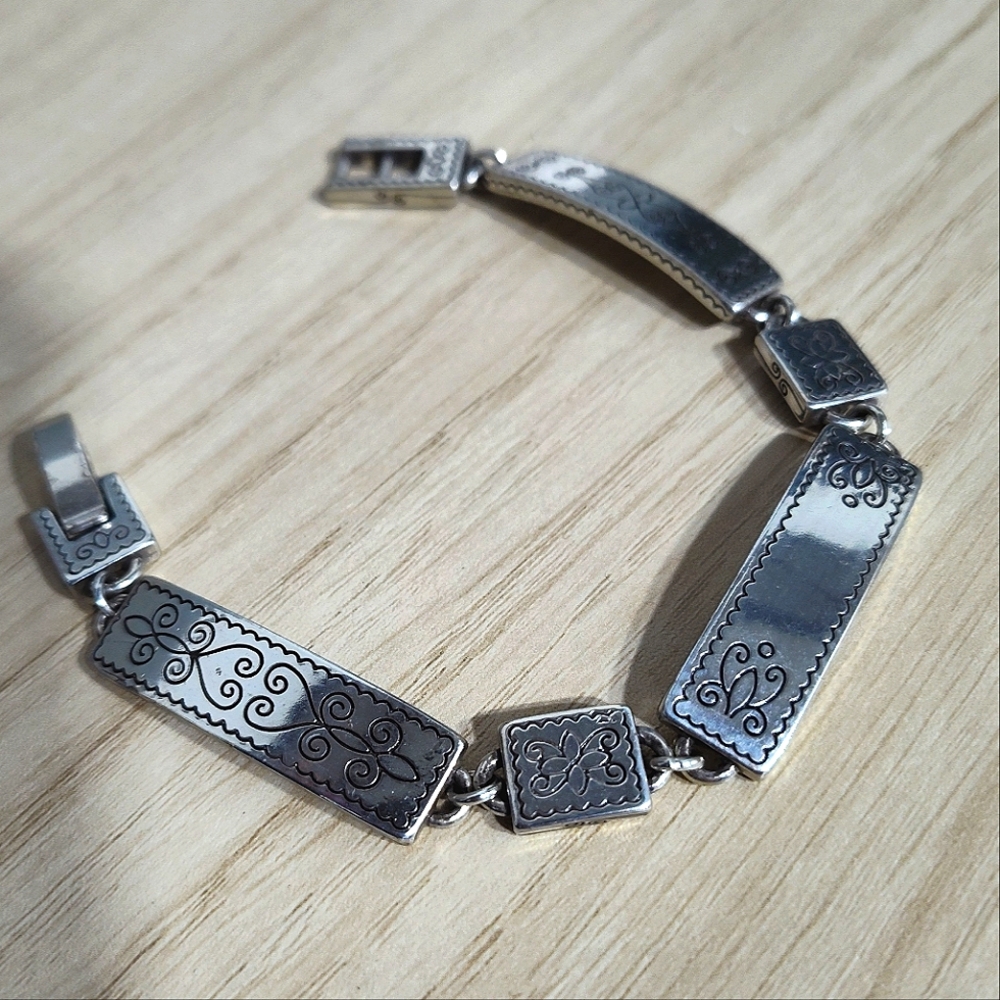 BRIGHTON Silver Plated Etched Bar Panel Links Bracelet